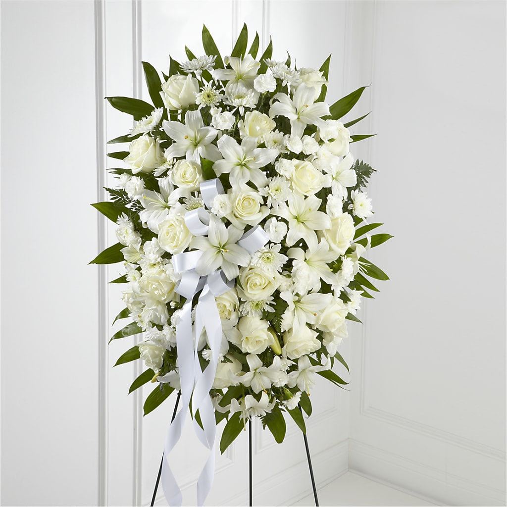 Exquisite Tribute Standing Spray-White Ribbon – Flowers By Joann, Palm Bay FL