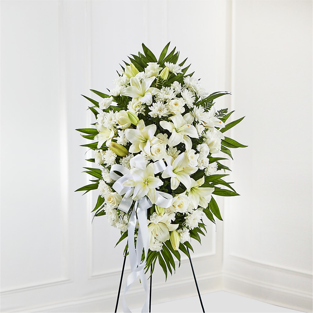 Exquisite Tribute Standing Spray-White Ribbon – Flowers By Joann, Palm Bay FL